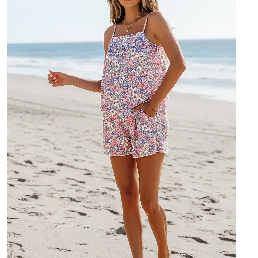 Sky Blue Floral Print Spaghetti Straps Tank Top and Shorts Set New S, L, XL